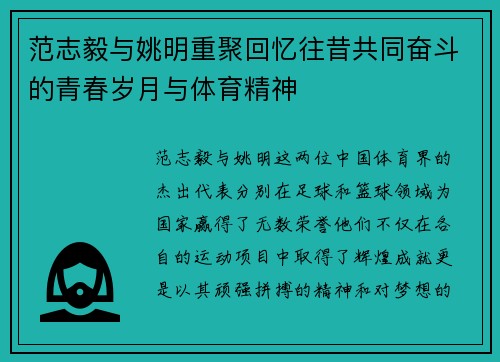 范志毅与姚明重聚回忆往昔共同奋斗的青春岁月与体育精神